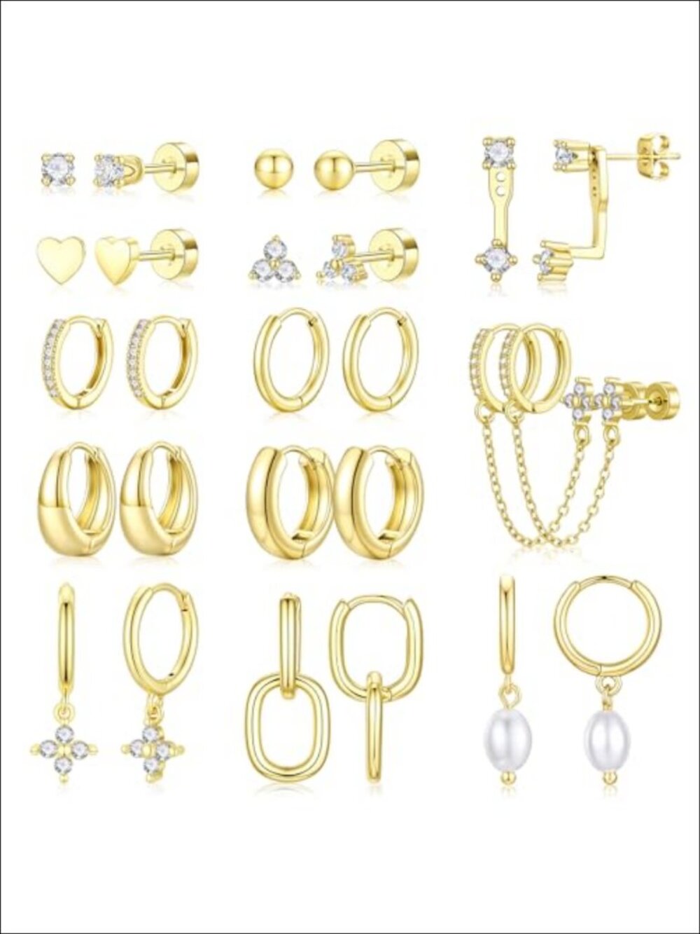 14K Gold Plated Hoop Stud Earrings Set 13 Pairs Hypoallergenic